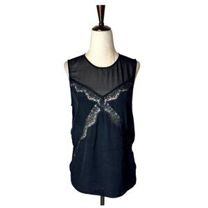 Sandro Shirt Women‎ Small Black Sheer Bodice Lace Detail Top Whimsigoth Gothic